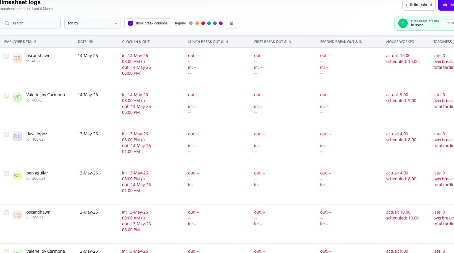 employee timesheet logs with attendance totals and status